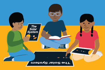 illustration of children reading about the solar system with various materials. 