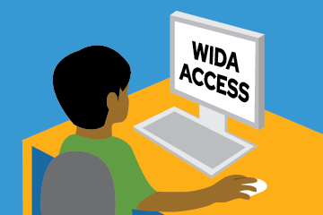  Illustration of student sitting in front of a computer that says ACCESS on the screen.